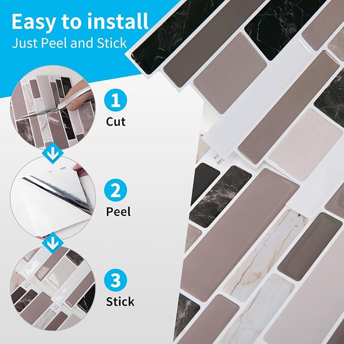 Art3d Stone Peel and Stick Backsplash, 10-Sheet, 12" x 12", Brown Marble | Lightweight, Self Adhesive, Moisture Resistant, Easy to DIY, Modern Style, for Kitchen, Bedroom, Ideal for New Home Buyers - Image 6