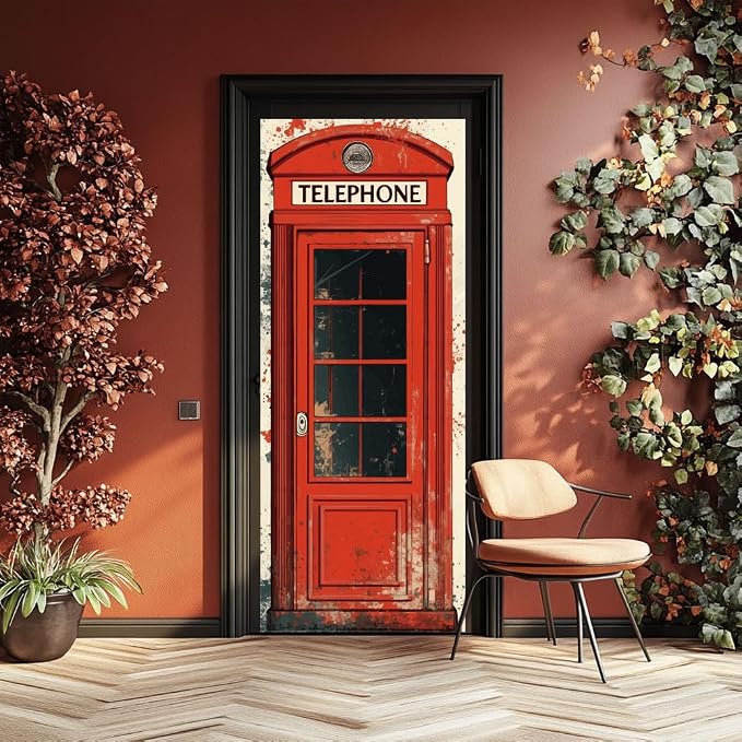 arricraft 2 Pcs Self-Adhesive Door Sticker, 31.5"x78.7" Red Vintage Phone Booths Door Murals Stickers PVC Door Removable Wallpaper Decoration for Bedrooms ​Living Room by ARRICRAFT