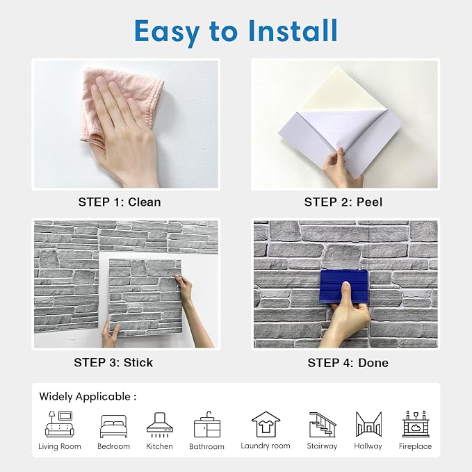COMSTICKC 3D Faux Stone Wall Panels Peel and Stick, 10 Pcs 11.8" x 11.8" | Gray, Not Real Stone, Ultra-Light Thin PVC Wall Sticker, 3D Fake Rock Decorative Tiles Covering for Easy DIY, Cover 9.7 sq ft - Image 8