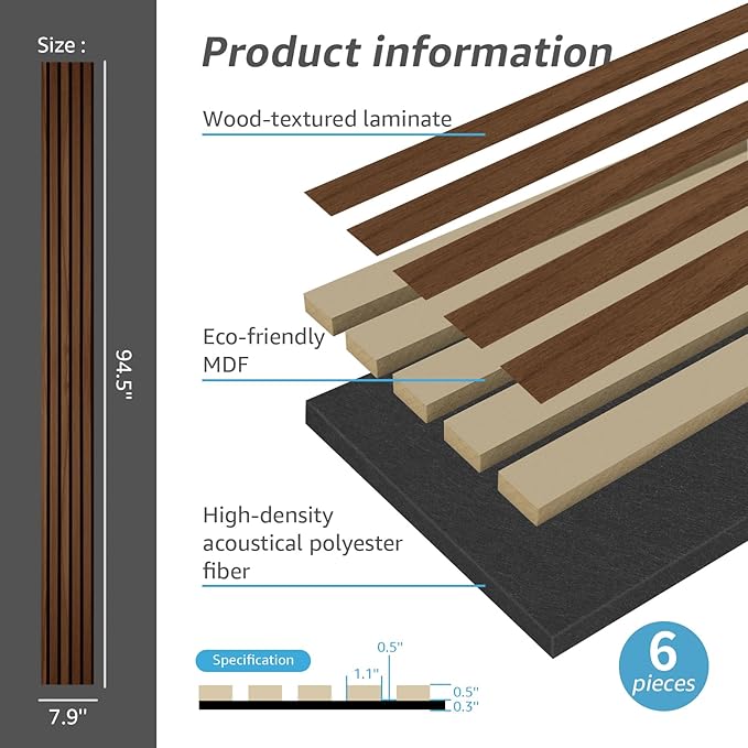 Art3d 6-Pack Soundproof Wood Slat Wall Panel, 94.5 x 7.9 Inch, Deep Walnut | Wood Grain Finish, Effortless Setup, Sustainable, Long-Lasting, Noise Reduction, Easy Care, for Living Room, Bedroom, Office - Image 4