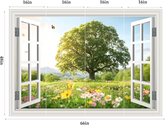 Large Murals 66"x48" Fake Window Wall Mural Sping Green Tree Grassland Flower Forest Faux Window Wall Cling Art Picture Office Poster Decals Decor, Stick and Peel Landscape Natural Scenery Scene - Image 2