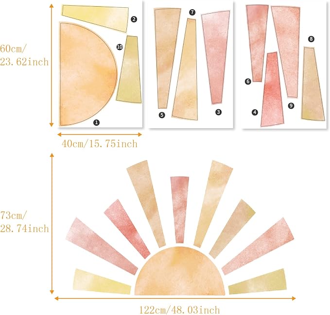 Large Pastel Boho Sun Wall Decal for Kids Room and Nursery | 48.07" x 24.82" Calming Texture Fabric Decal, Peel and Stick Nursery Sun Rise Wall Mural for Kids Bedroom and Classroom - Image 2