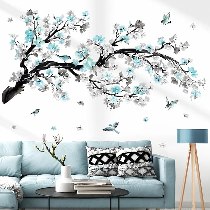 wondever Blue Flower Branch Wall Decals Blossom Tree Birds Wall Stickers | Peel and Stick, Removable, Wall Art Decals, Wall Decoration, Living Room Bedroom, Office Sofa TV Home Wall Decor - Image 2