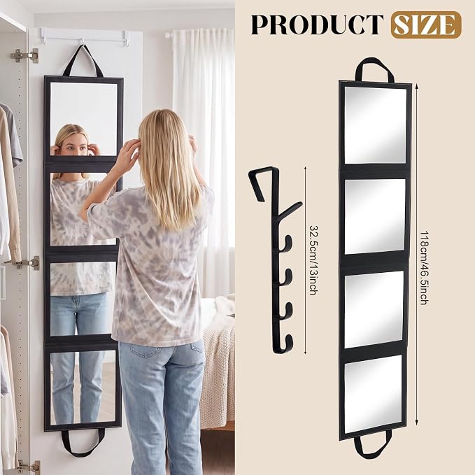 Novabright Over The Door Full Length Mirror, Foldable Hanging Acrylic Body/Makeup Mirror with Height Adjustable Hook for Bedroom Closet Bathroom, Dance Travel Camping(Black,4-Panel) - Image 2