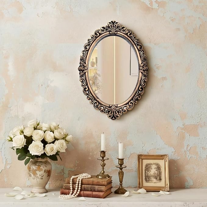 Beeveer 1 Style Vintage Mirrors Set Decorative Oval Wall Mirror Small Antique Mirrored Tray Decorative Hanging Mirror for Bathroom Bedroom Jewelry Organizer Victorian Decor (Oval,Antique Gold) by Beeveer