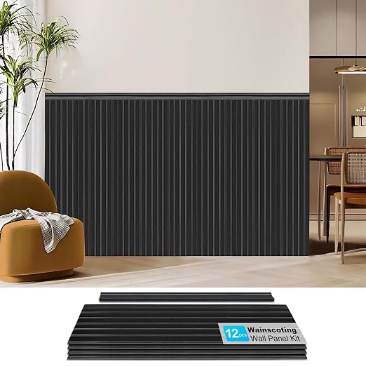 Art3d Beadboard Wainscoting Wall Panel Kit, 37.8 x 9.84 Inch, Matte Black | 12-Piece Panels + 4 Edge Trims, 31 Sq.Ft. Coverage, Lightweight, Water-Resistant, Easy to Trim, for Living Room, Bedroom by Art3d