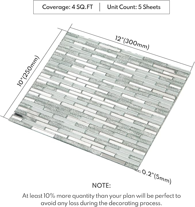 Lovdeco Peel and Stick Mirror Strip Mosaic Tile, Silver Crystal Tile for Kitchen Backsplash, 12" x 10", 5 Pieces, 4 SQ.FT. - Image 2