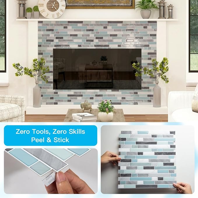 Art3d 10-Sheet Heavy-Duty Peel and Stick Backsplash, Waterproof Wall Tiles Stick on Kitchen Backsplash Living Space, Gray & Blue (Pack of 4) - Image 8