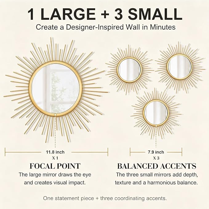 4 Pieces Gold Sunburst Wall Mirror Set Modern Metal Circles for Home Decor - Image 3