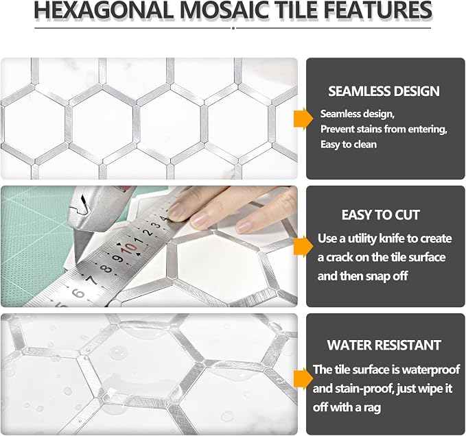 STICKGOO Hexagon Peel and Stick Backsplash Tile, Stick on Backsplash for Kitchen and Bathroom, White Marble Look PVC Mixed Metal Silver Self Adhesive Wall Tiles(10 Sheets, Seamless) - Image 4