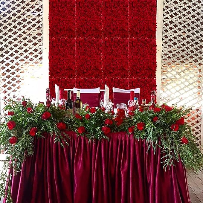 BLOSMON Red Flower Wall Backdrop for Party Decor, 6 Pcs, 24 x 16 Inches | Easy to Use, Artificial Hydrangea Floral Panels for Wedding, Bridal Shower Decorations, Fake Hanging Silk Flower Backdrop - Image 3