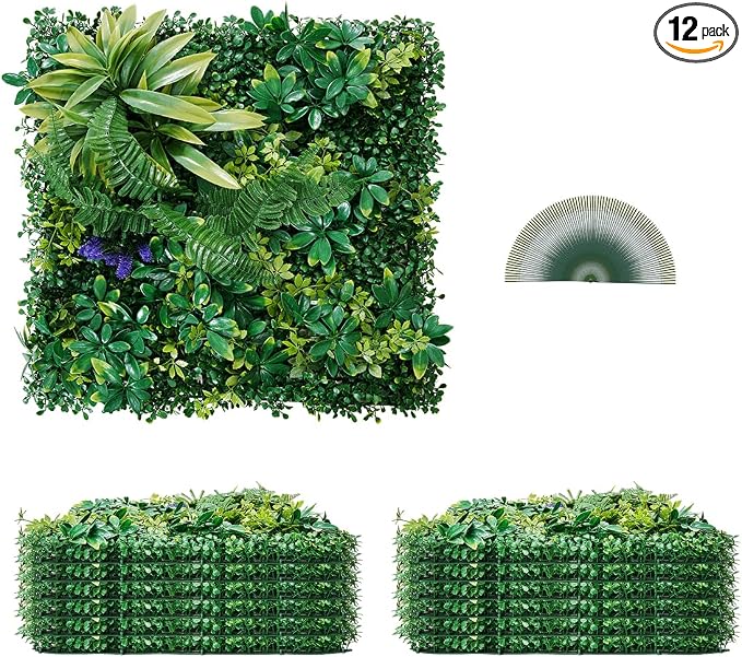 VEVOR Artificial Grass Wall Panels, 12 PCS 20 x 20 inch, 3D Combination Greenery Boxwood Panel for Indoor Outdoor Green Decor & Ivy Fence Covering, Privacy Backdrop Wall Hedge Screen for Garden by VEVOR