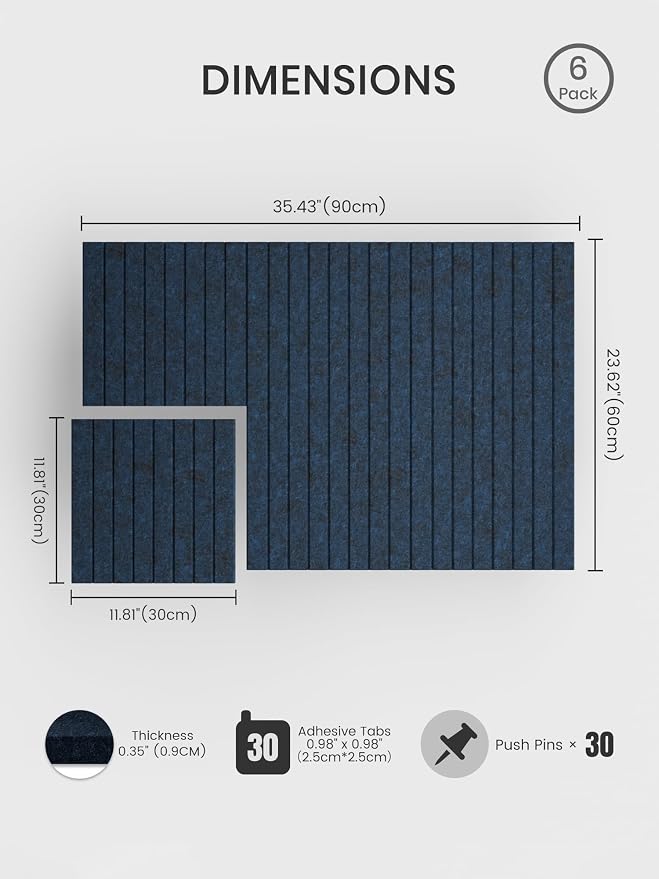 Bumusty 36"x 24" Large Felt Bulletin Board Tiles,Carbon Blue | 6-Pack Cork Board Alternative, Wall Decor, 30 Pushpins, 30 Adhesive Tabs, Vision Board, Office, Classroom, Home, Dorm - Image 2
