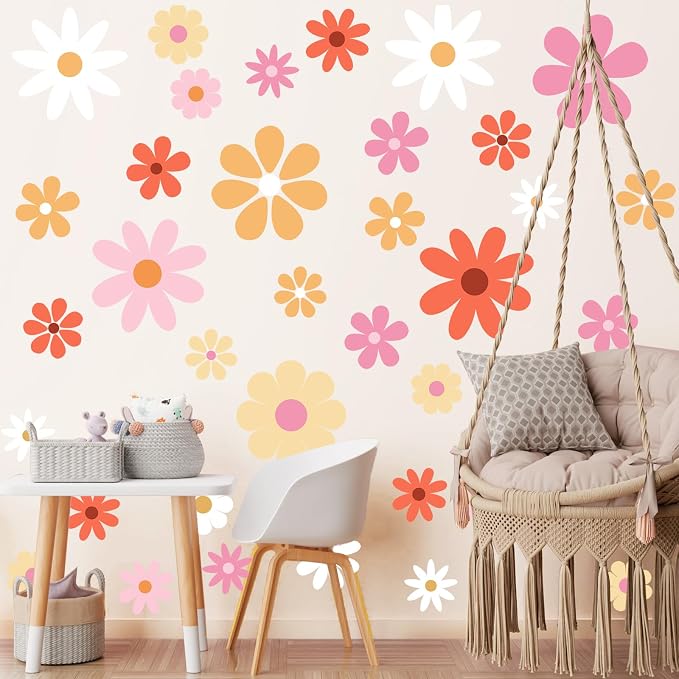 TaoBary 12 Sheet Big Daisy Wall Sticker Decal Flower Wall Decal Removable | Large Flower Wall Sticker, Floral Decal, Daisy Bedroom Room Decor, Pink Orange White Peel and Stick, Nursery Home Wall Decor by TaoBary