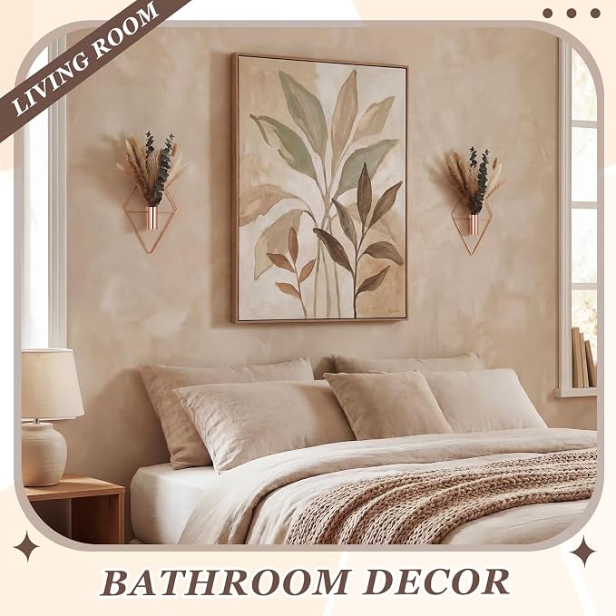 Jexine 4 Pcs Hanging Artificial Planters Wall Decor, Rose Gold, Pampas | Bathroom Wall Decor, Geometric Metal Vase, Indoor Plants, Living Room, Home Office, Entryway, Boho Accent, Wall Mounted - Image 5