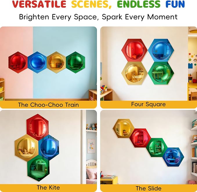4 Pcs Honeycomb Hexagon Acrylic Sensory Bubble Mirrors for Wall, DIY Combinable Sensory Panel, Colorful Toys for Playroom & Calming Corner Supplies (Red, Yellow, Green, Blue) - Image 5