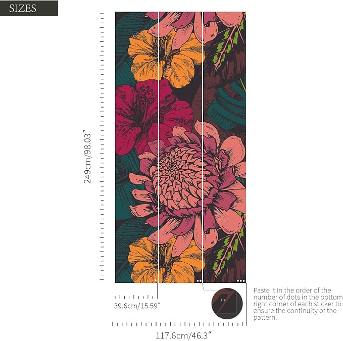 Floral Peel and Stick Wall Mural, Leather Textured Vintage Self-Adhesive Wallpaper for Accent Wall Art Decor, Vintage Flat Floral, Bright, 46.3'' x 98.03'' - Image 3