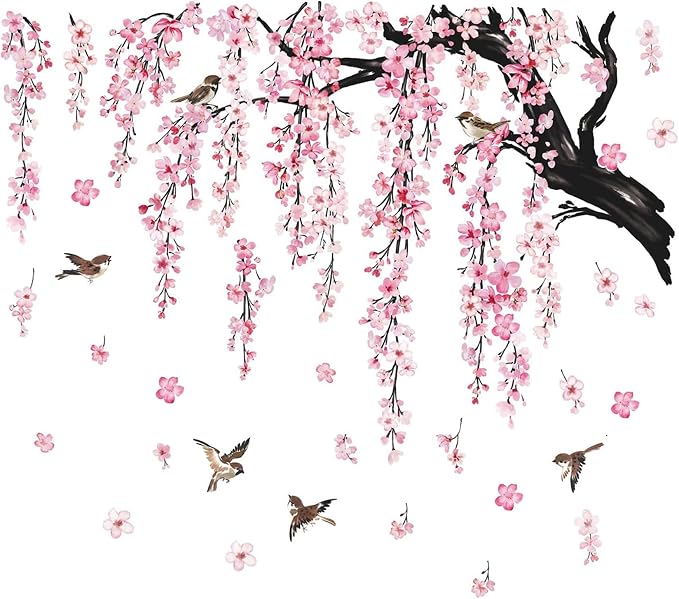 Cherry Blossom Tree Branch Wall Decals, Pink Flower with Birds Wall Sticker | 4 Sheets Wall Decoration Removable Peel and Stick Wallpaper Large Tree Floral Mural for Living Room Girls Bedroom Decor by Unknown