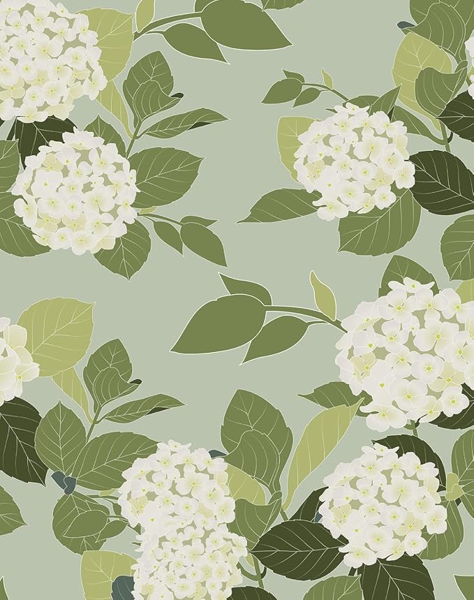 Floral Peel and Stick Wallpaper Self Adhesive Hydrangea Wall Paper French Country Cream Stick on Wallpaper for Bedroom Wall Decor Elegant Mural (Green Hydrangea, 472.44“ X 17.4") by HomKihapaiWallpaper