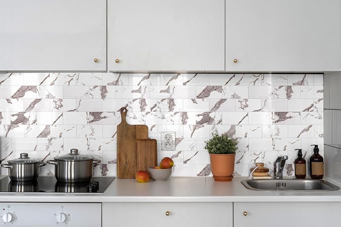 StyloVue 100 Pieces Peel and Stick Backsplash for Kitchen, 3" x 6" PVC Subway Tile 2026 Upgraded White Marble with Gold Accent Backsplash Stick on Tile Elevate Kitchen Fireplace RV - Image 3
