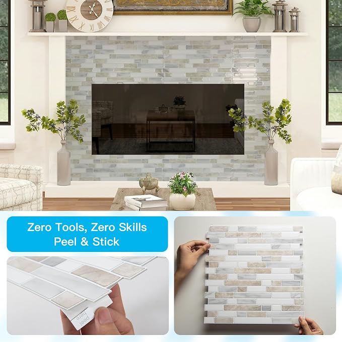 Art3d 10-Sheet Heavy-Duty Peel and Stick Backsplash, Waterproof Wall Tiles Stick on Kitchen Backsplash Living Space, Beige & White (Pack of 4) - Image 8