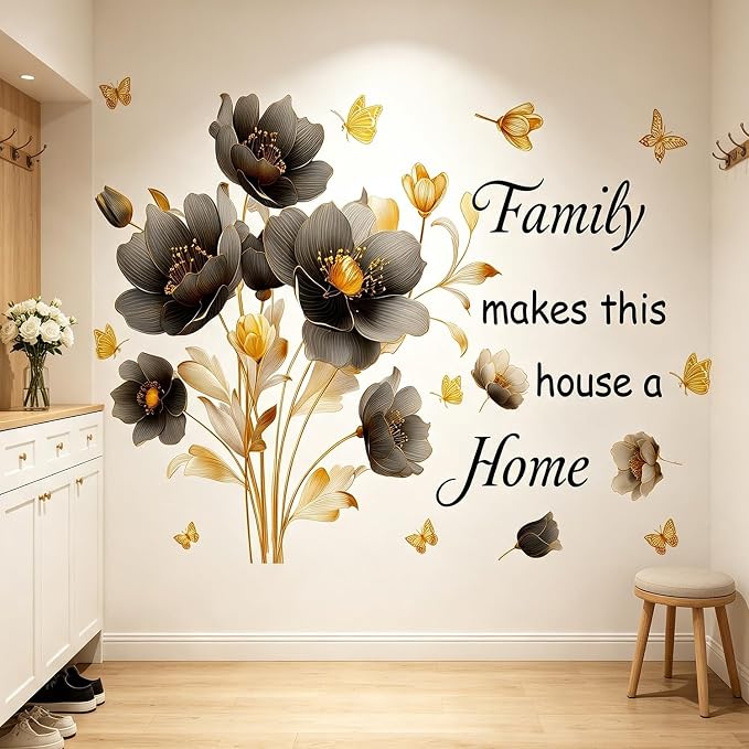 Floral Flower Family Quotes Butterflies Peel and Stick Wall Decor Decals | Elegant gold flower removable vinyl wall stickers mural with "Family makes this house a home" quote for living room bedroom by VePret