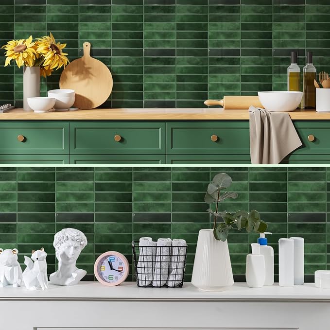 Peel and Stick Backsplash 3D Wall Tiles,Self-Adhesive,Oil Proof,Waterproof, Removable Wall Panels for Kitchen & Bathroom,Modern Design, Easy Install (10.7ft，12x9 inch,14 Pack) (Green) - Image 8