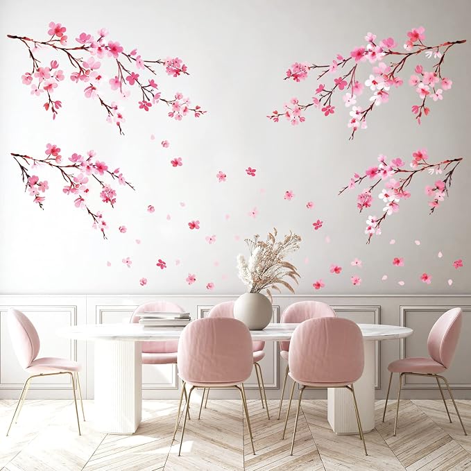 DECOWALL Pink Cherry Blossom Wall Decals Stickers for Home (DS12-2003P1903) | Watercolor branches with falling petals; peel and stick removable floral decor for bedroom, nursery, TV background and office - Image 3