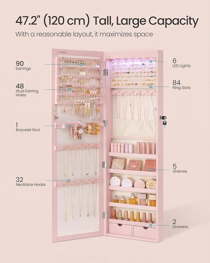 SONGMICS 6 LEDs Mirror Jewelry Cabinet, 47.2-Inch Tall, Lockable - Image 4