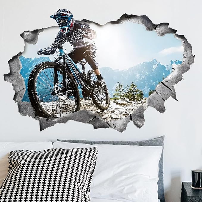 SUPERDANT 3D Bicycle Motocross Wall Decals Mountain Bike Wall Stickers Break Through The Walls Art Murals Peel and Stick Adhesive Sticker for Livingroom Bedroom Kids Room Outdoor Sport Lover by SUPERDANT