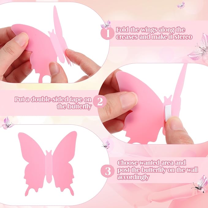 BBTO 48 Pcs 3D Butterfly Mirror Wall Decor,Pink | Butterfly Stickers,3 Sizes,for Birthday Party Cake,Room Nursery Bathroom Wall Decor,Removable Peel Stick,Reflective - Image 4