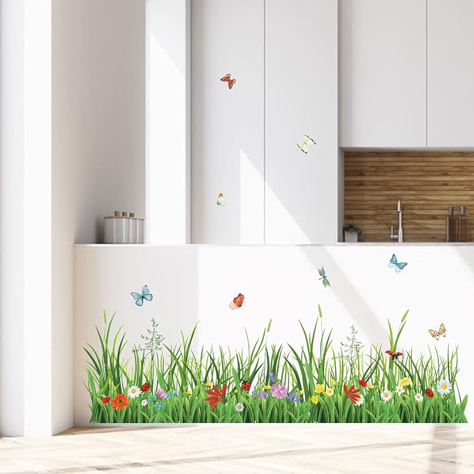 wondever Green Grass Wall Decals Flowers Butterflies Wall Corner Stickers | Peel and Stick, Removable, Wall Art Decals, Wall Decoration, Living Room Bedroom, Office Sofa TV Home Wall Decor - Image 3