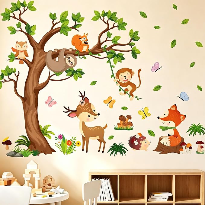 Arawat Tree Wall Decals Decor for Bedroom & Living Room - Monkey & Sloth Wall Stickers - Multicolor Cartoon Animal Wall Decor - Vinyl Sticker Decals - Image 2