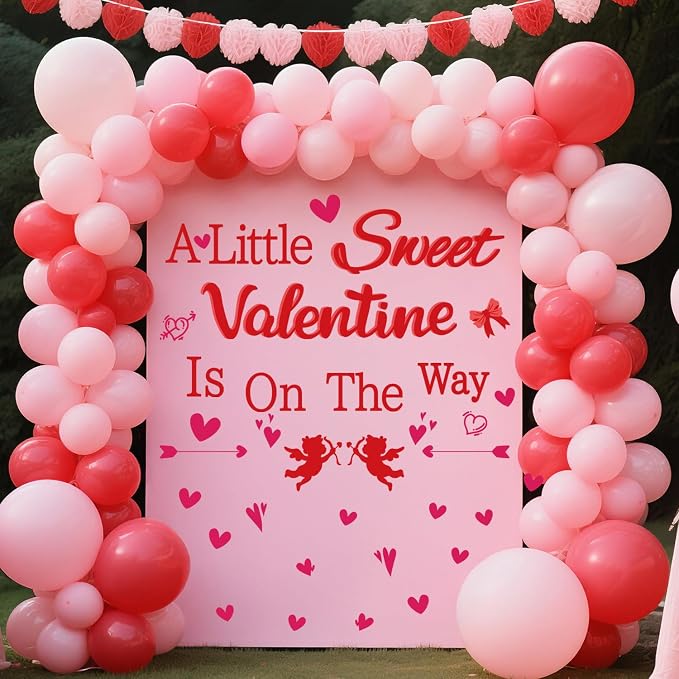 LHIUEM A Little Sweet Valentine is On The Way Decals Red Hearts Valentine Birthday Banner A Little Sweetheart is On The Way Happy Birthday Stickers for Valentines Baby Shower Party Photo Props Arch - Image 2