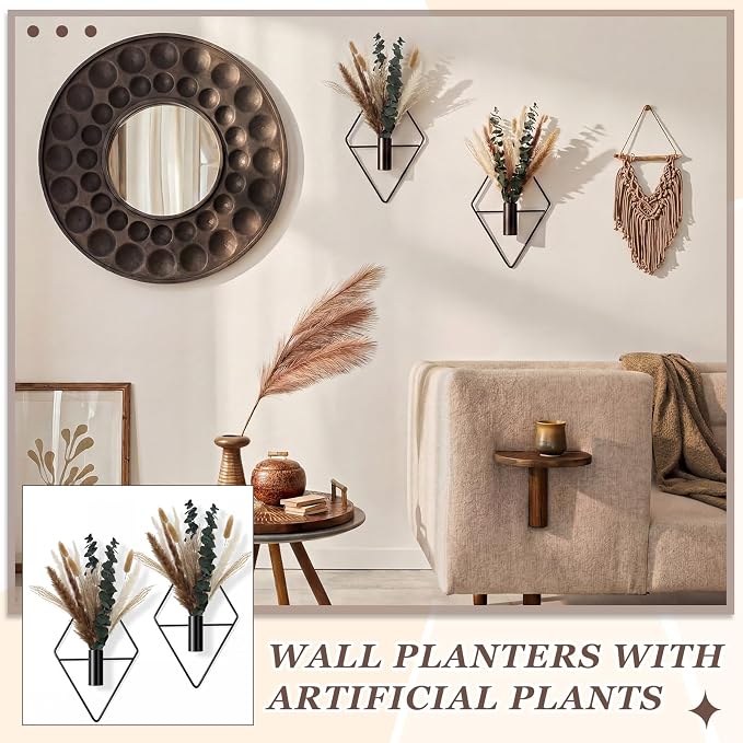 Jexine 4 Pcs Hanging Artificial Planters Wall Decor, Matte Black, Pampas | Bathroom Wall Decor, Geometric Metal Vase, Indoor Plants, Living Room, Home Office, Entryway, Boho Accent, Wall Mounted - Image 5