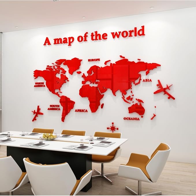 WINDIR 3D World Map Wall Stickers Decor Murals DIY Decal Red 47x24 inch, Acrylic Office Wall Art Decor Bedroom Living Room TV Wall (Red: 120x60 cm) Medium by WINDIR