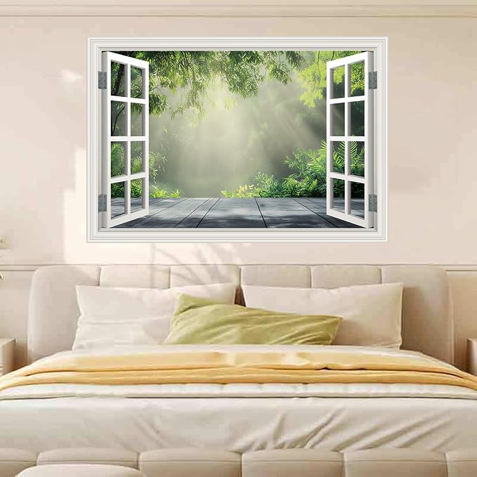 Fake Window Poster Wall Decal - Morning Green Forest Faux Window Wall Mural Prints for Wall Decor, Peel and Stick Wall Sticker 48" x 32" Set of 2 Sheets - Image 8