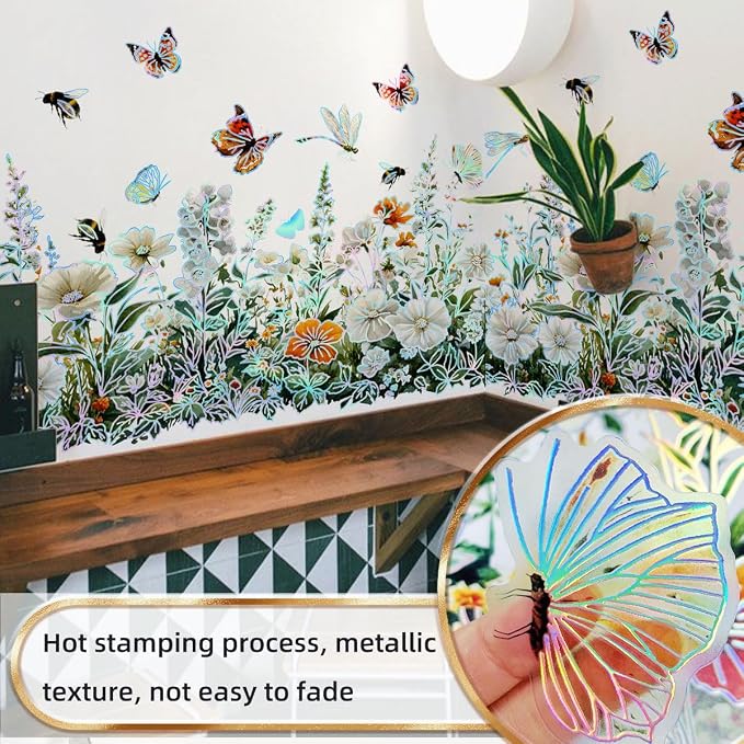 Watercolor Wildflower Wall Decals, Peel and Stick Floral Border Stickers with Colorful Butterflies Baseboard, Removable Botanical Wall Art for Bedroom, Nursery, Living Room and Staircase Decor - Image 5