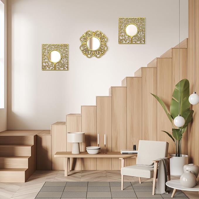Fourluoo 3 Pack Gold Sunburst Mirrors for Wall Decor Circle Flowers Mirrors Decorative Gold Hanging Wall Art Flowers Mirror for Home Living Dinning Room Bedroom Bathroom Boho Decoration Art(Vintage) - Image 2