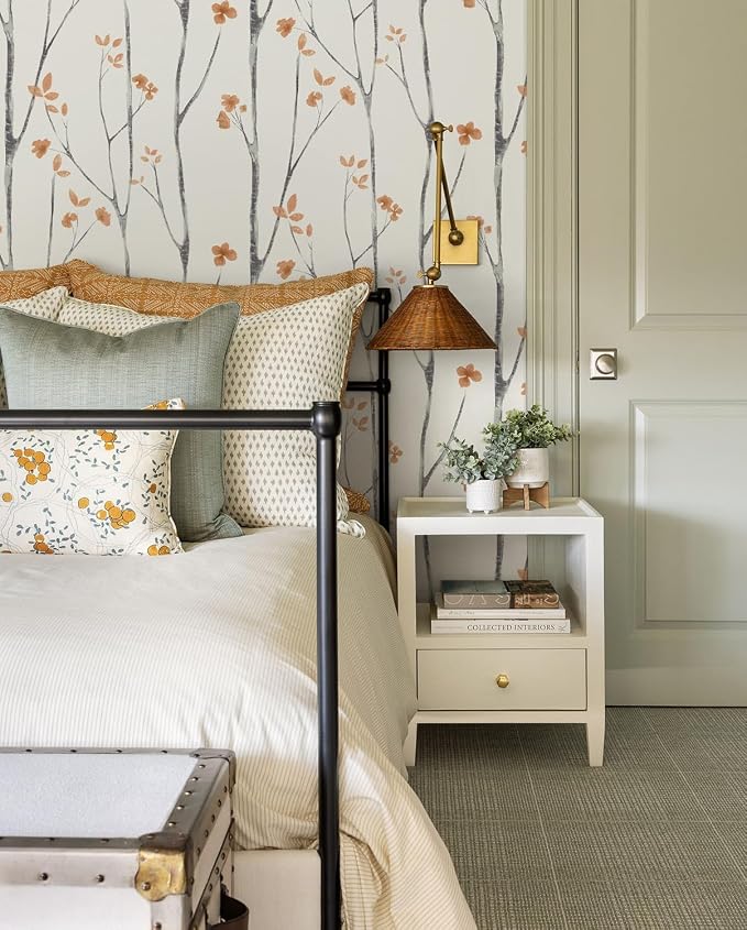 Timeet Boho Peel and Stick Wallpaper Floral Wall Paper Tree Contact Paper White and Orange Clearance Removable Self Adhesive Thicken Eco-Friendly Deacoral Bedroom Bathroom 16.14"x78.7" - Image 3