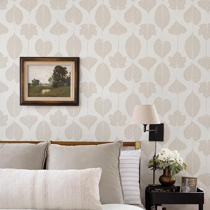 Dimoon Modern Peel and Stick Wallpaper Beige Leaf Contact Paper Botanical Wallpaper Boho Renter Friendly Removable Geometric Wall Paper for Bedroom Kitchen Textured 17.3''x78.7'' by DIYYOURMOON