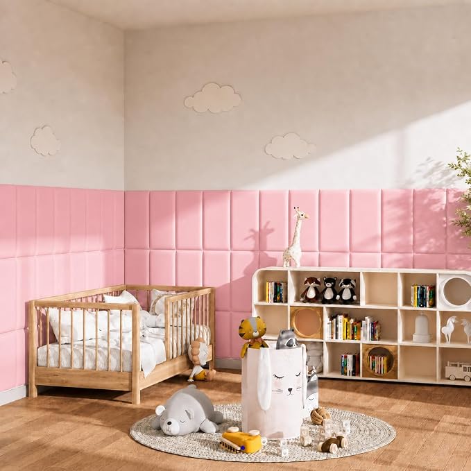 Anti Collision Wall Padding for Kids, Upholstered 3D Wall Panels | 4 Packs 7.8'' x 15.7'' Peel and Stick Headboard, Self Adhesive Wall Pads for Kids, Bedroom, Living Room, Pink - Image 5