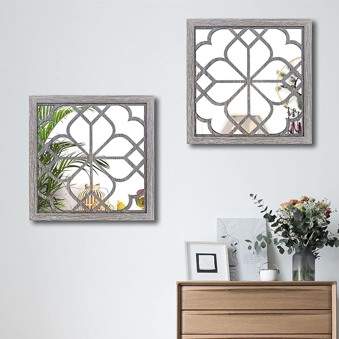 Wocred 2 PCS Square Wall Mirror,Gorgeous Rustic Farmhouse Accent Mirror,Barn Wood Color Entry Mirror for Bathroom Renovation,Bedrooms,Living Rooms and More(20”x20”) - Image 3