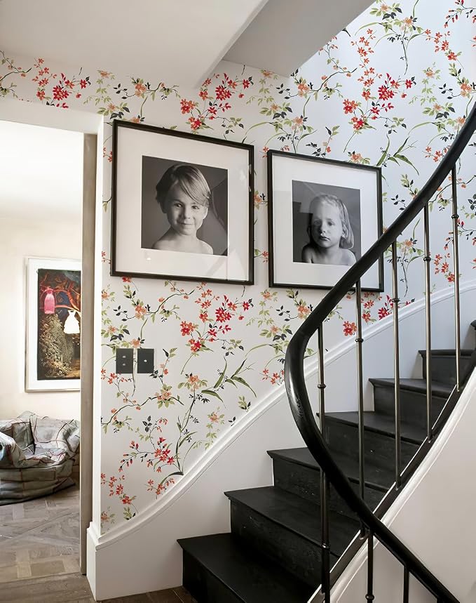 Floral Peel and Stick Wallpaper Self Adhesive Hydrangea Wall Paper French Country Cream Stick on Wallpaper for Bedroom Wall Decor Elegant Mural (Red, 196.85" X 17.4") - Image 5