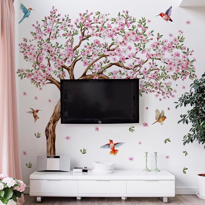 Large Pink Flower Tree Wall Decals Cherry Blossom Floral Branch Wall Stickers Peach Flower Birds Home Art Decals Stickers Living Room Bedroom Tv Background Wall Decor - Image 4