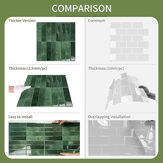 10 Sheets Upgraded Thicker Design Subway Tile Peel and Stick Backsplash | 12”×12”Self Adhesive Wall Tiles Stick on Back Splash for Kitchen,Bathroom,Camper(Forest Green) - Image 4