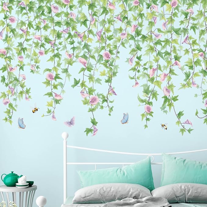 2 PCS Morning Glories Vine Wall Decals Purple Flowers Wall Stickers Green Leaves Wall Decal DIY Removable Butterfly Bee Art Murals Wallpaper for Girls Bedroom Living Room Offices Classroom Home Decor - Image 3