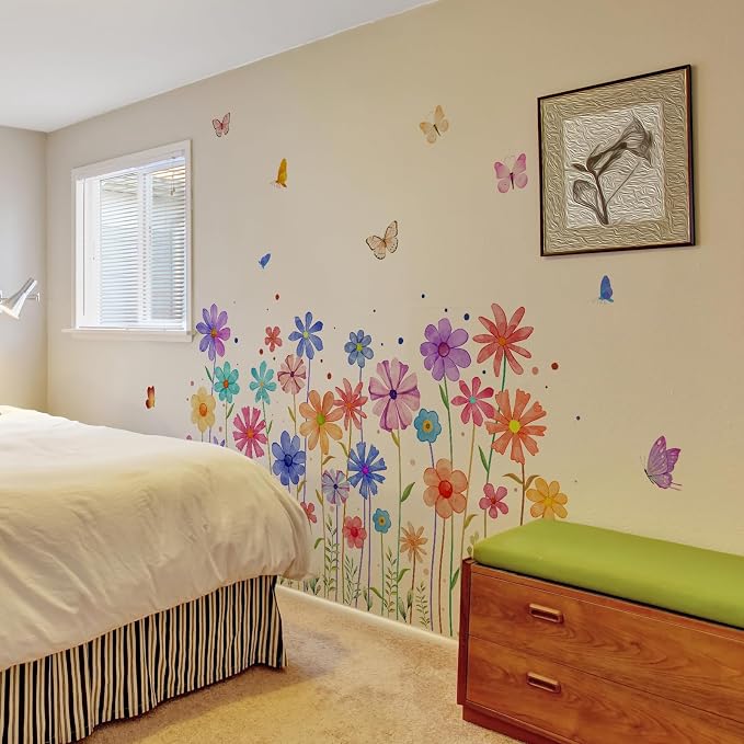 3 Pieces Colorful Flowers Wall Decals Vinyl Colorful Flowers Wall Stickers Removable Floral Art Murals Peel and Stick Decor for Girls Bedroom Living Room Nursery - Image 4