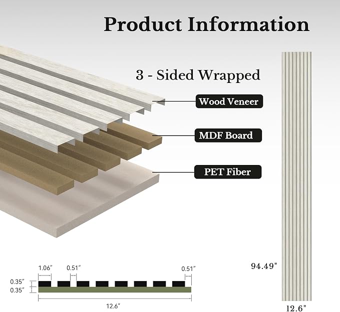 MISSDAY Wood Slat Acoustic Wall Panels, 4 Packs 94.5" x 12.6" White Soundproof Panel For Interior Wall Decor Noise Absorbing-3D Textured Wooden Panel Sound-Absorbing for Home, Office, Studio - Image 6