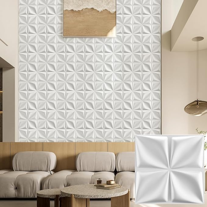 Heikki 30 Pack 3D Wall Panel for Interior Wall Décor, PVC Flower Textured Wall Panels for Living Room Bedroom Hotel Office, 11.8"x11.8", Double-Sided Tape (White-SYH) by YourBestChoices
